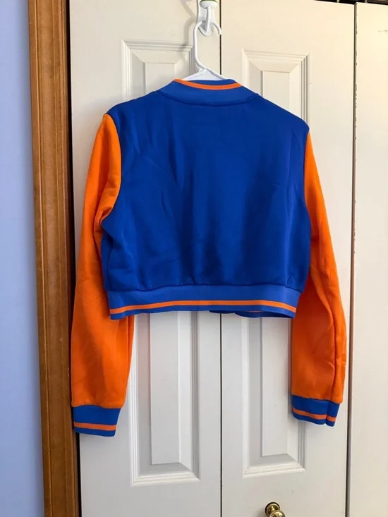 SHEIN Blue & Orange Varsity Crop Jacket with White 'S' Patch - Picture 2 of 3